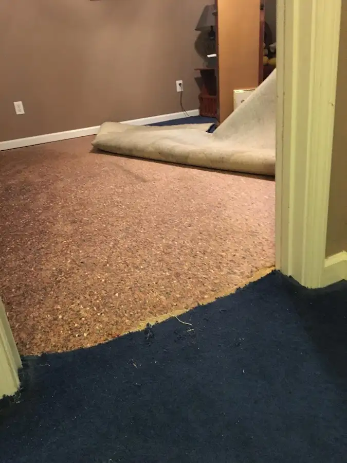 Carpet pad removal revealing water damage during Water Mitigation Services in Lumberton